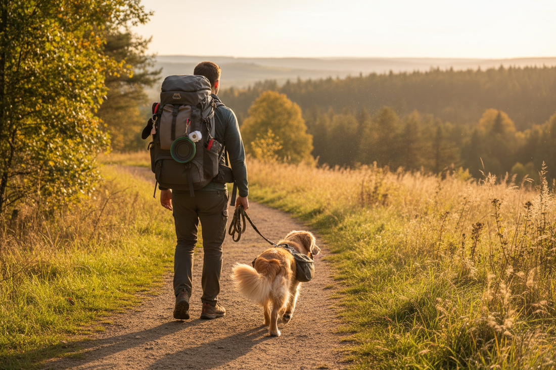 Perro feliz paseando con su dueño en el parque