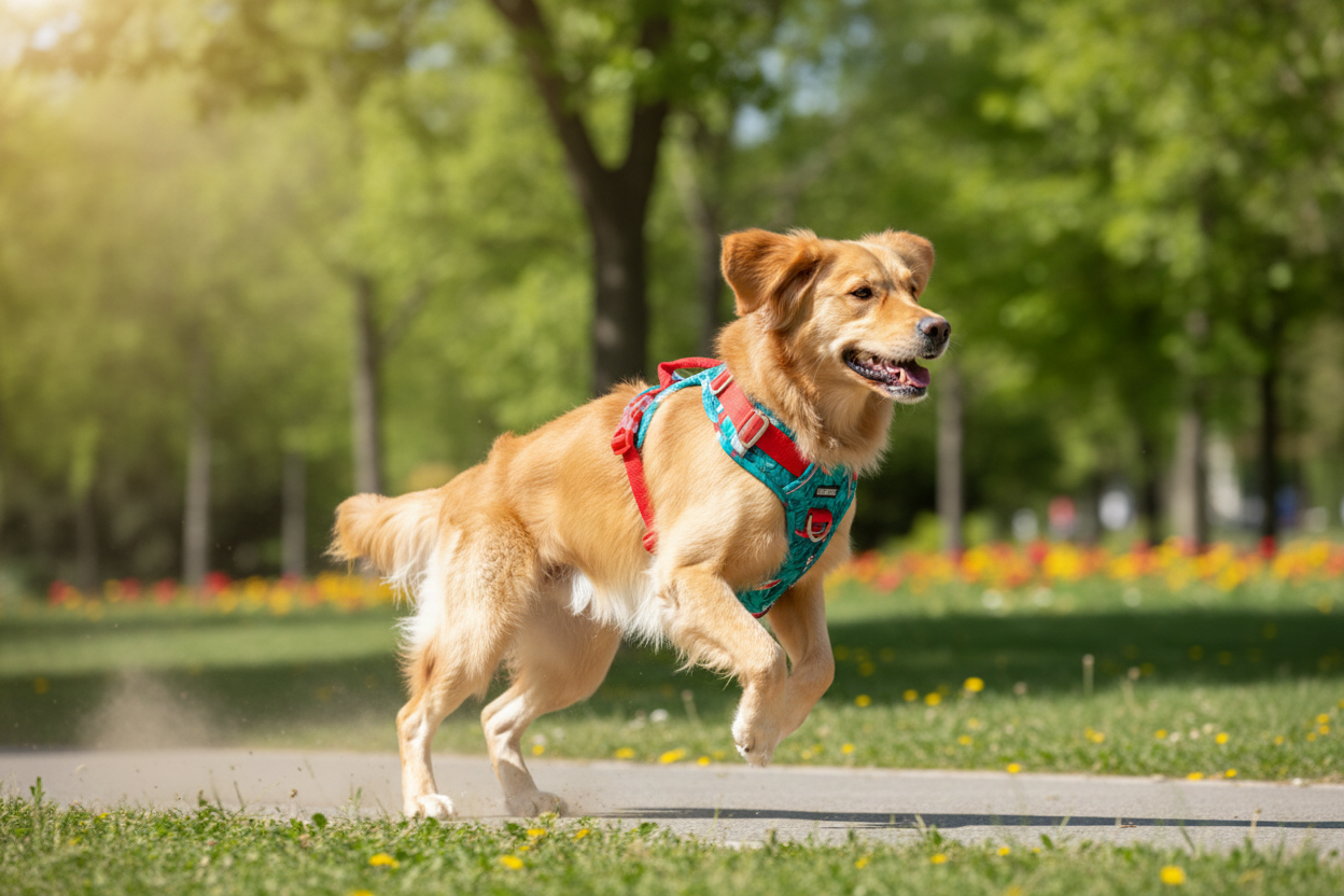 Arnés para perro ajustable colocado en un perro al aire libre