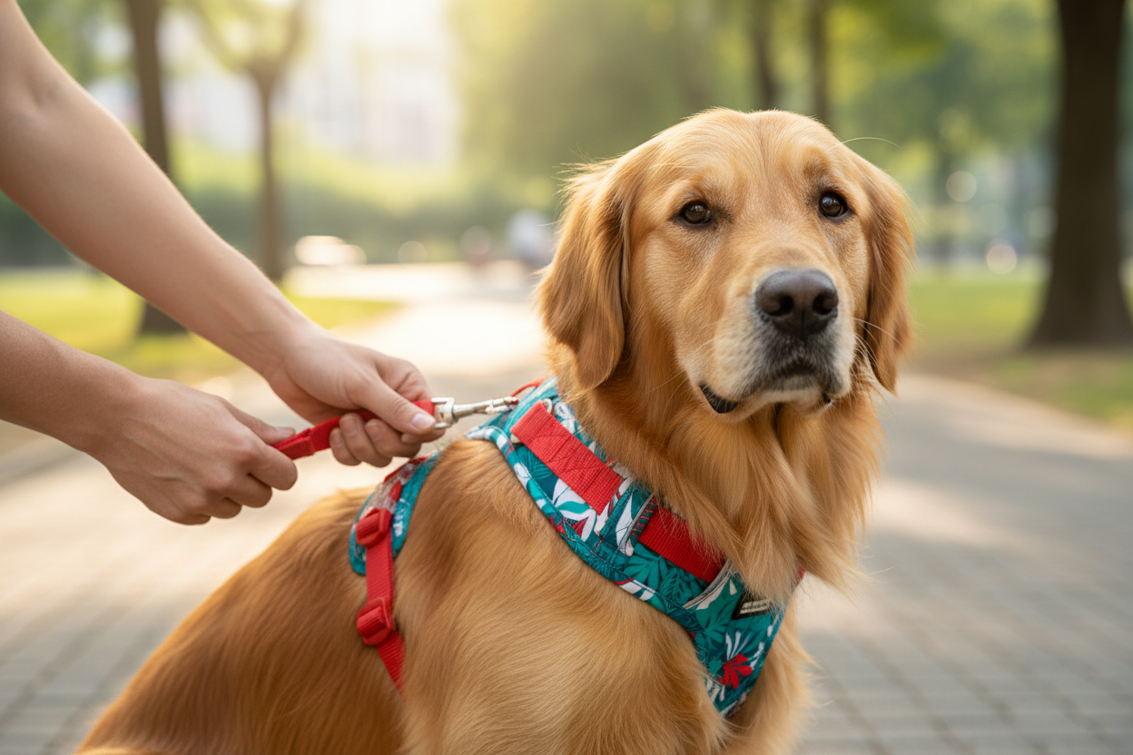 Vista frontal del arnés para perro ajustable colocado