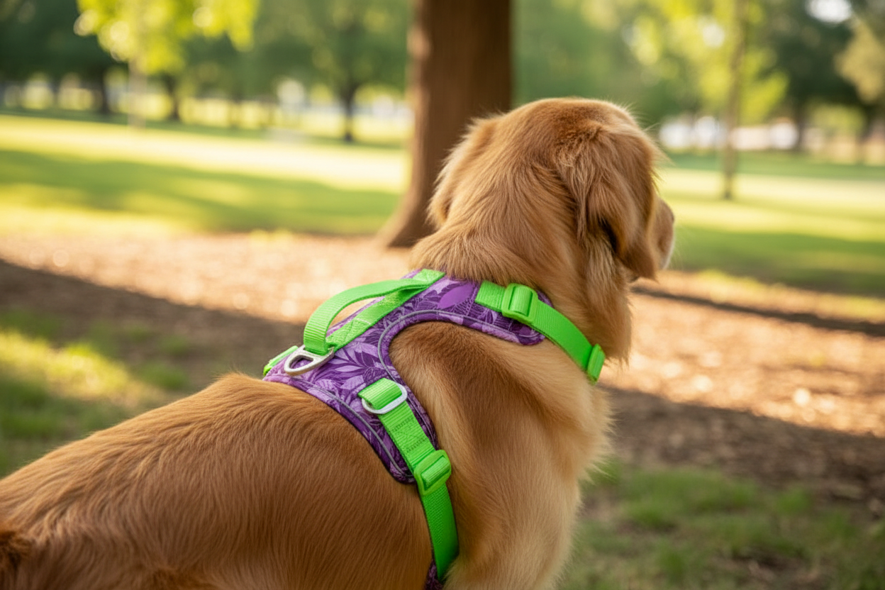 Vista lateral del arnés para perro ajustable colocado