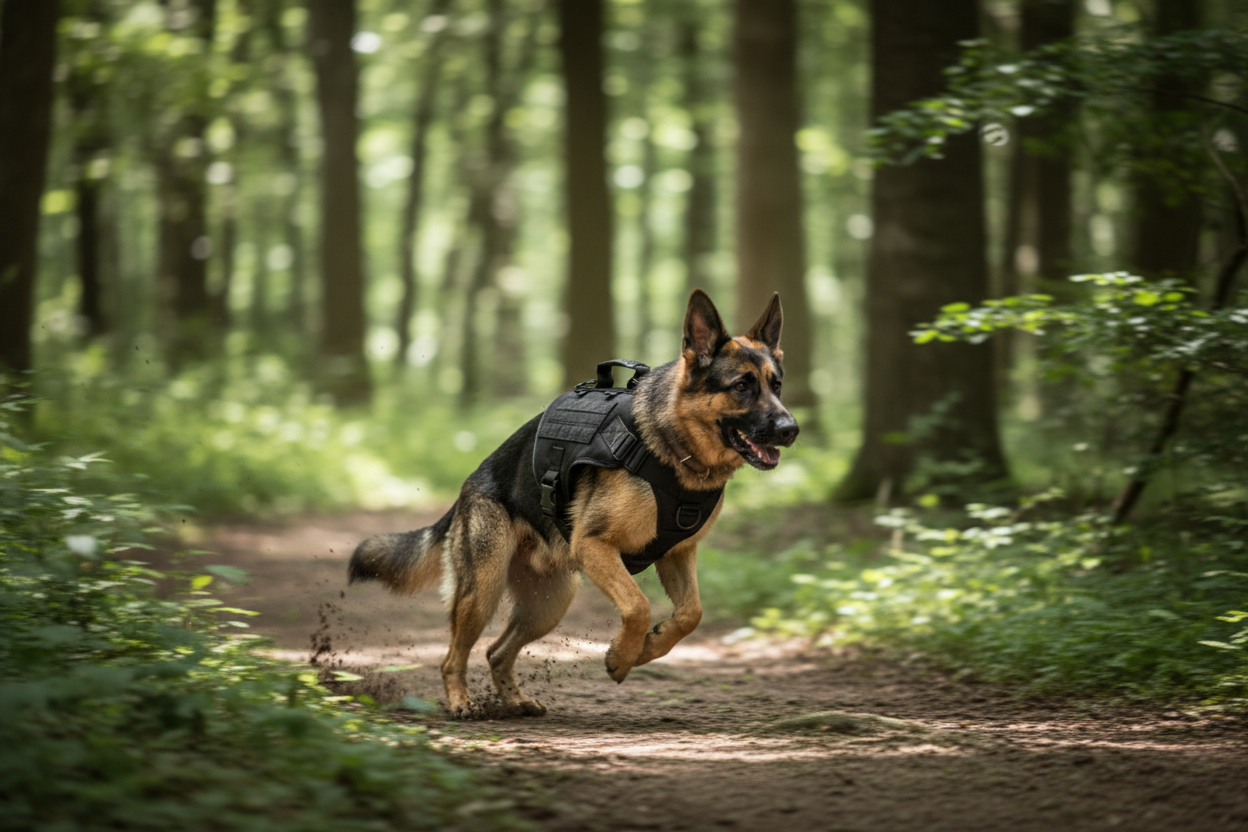 Arnés táctico para perro colocado durante un paseo en el bosque