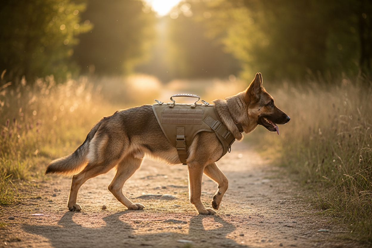 Pastor alemán con arnés táctico K9