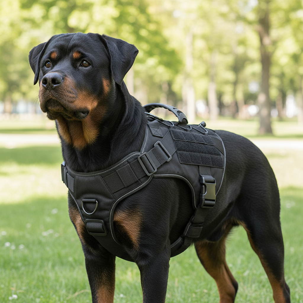Arnés táctico para perro durante un paseo al aire libre
