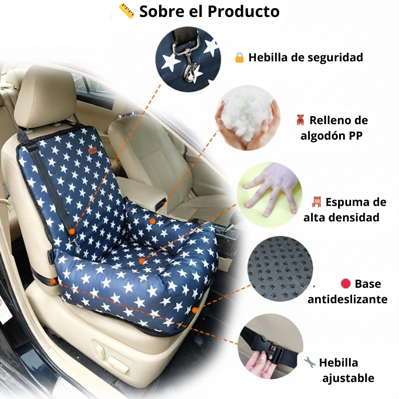Asiento para perro para coche con cinturón de seguridad ajustable