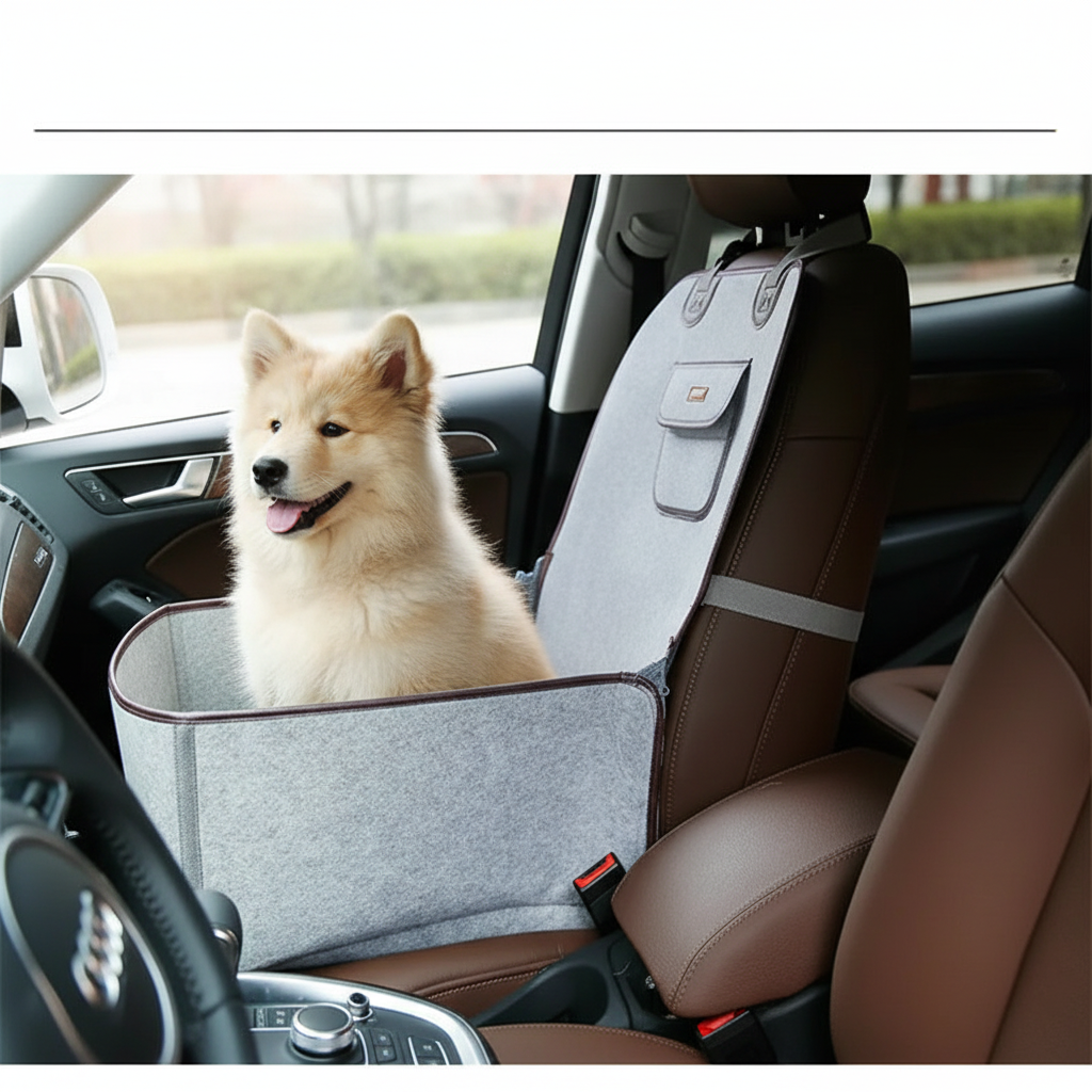 Asiento para perro para coche con perro sentado en el interior