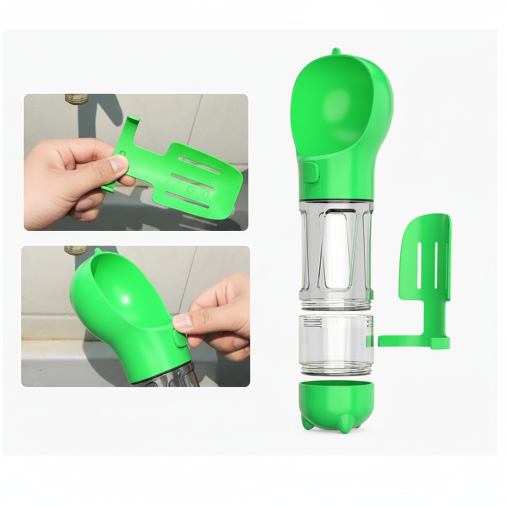 Bebedero portátil verde con demostración de uso