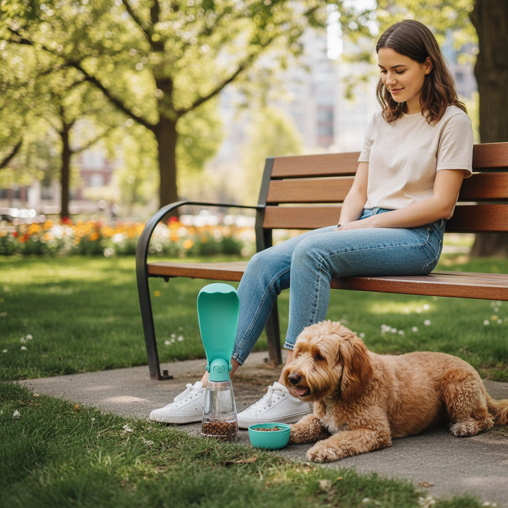 Botella de agua para perro usada durante un paseo