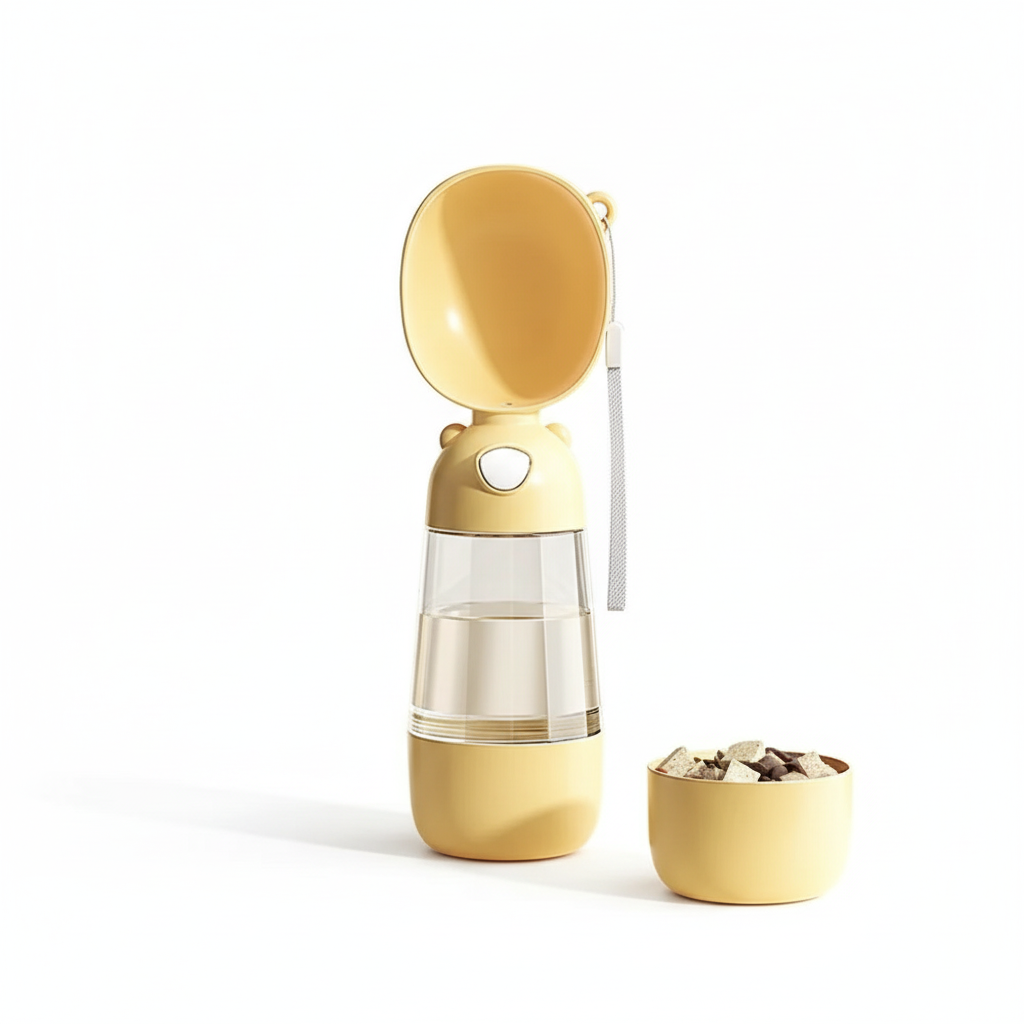 Botella de agua y comida portátil para perros beige