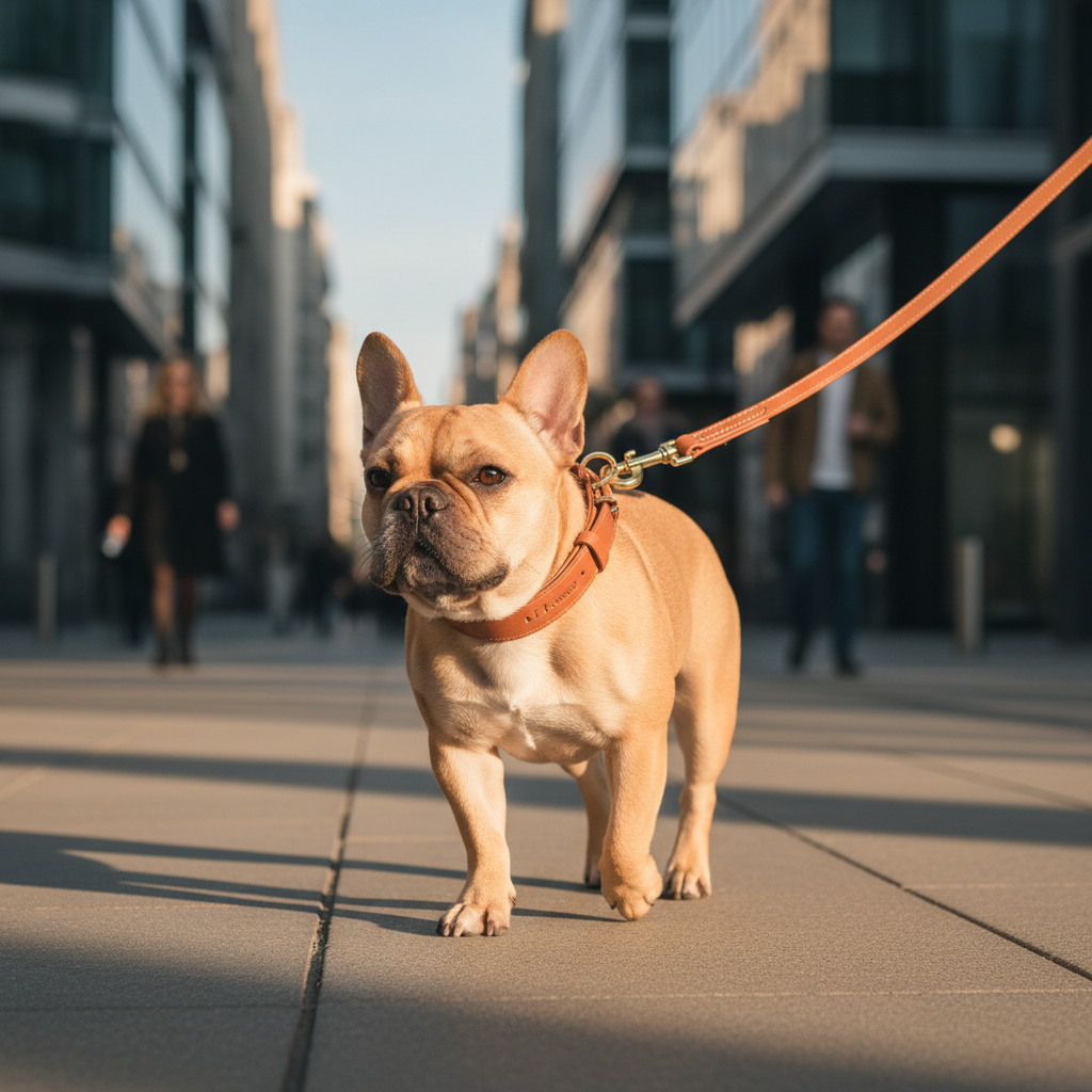 Bulldog francés con correa en la ciudad