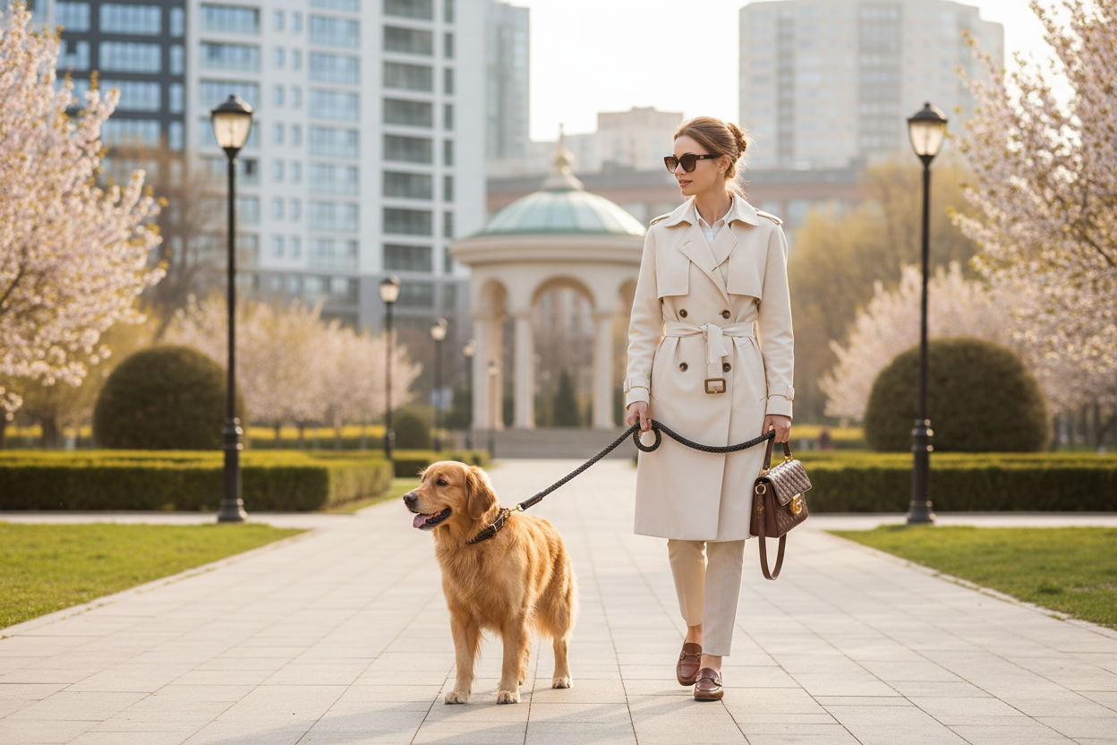 Conjunto marrón de collar y correa en uso