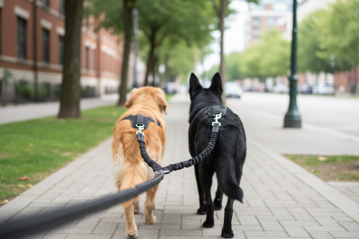 Correa de cadena para perro usada en paseo urbano
