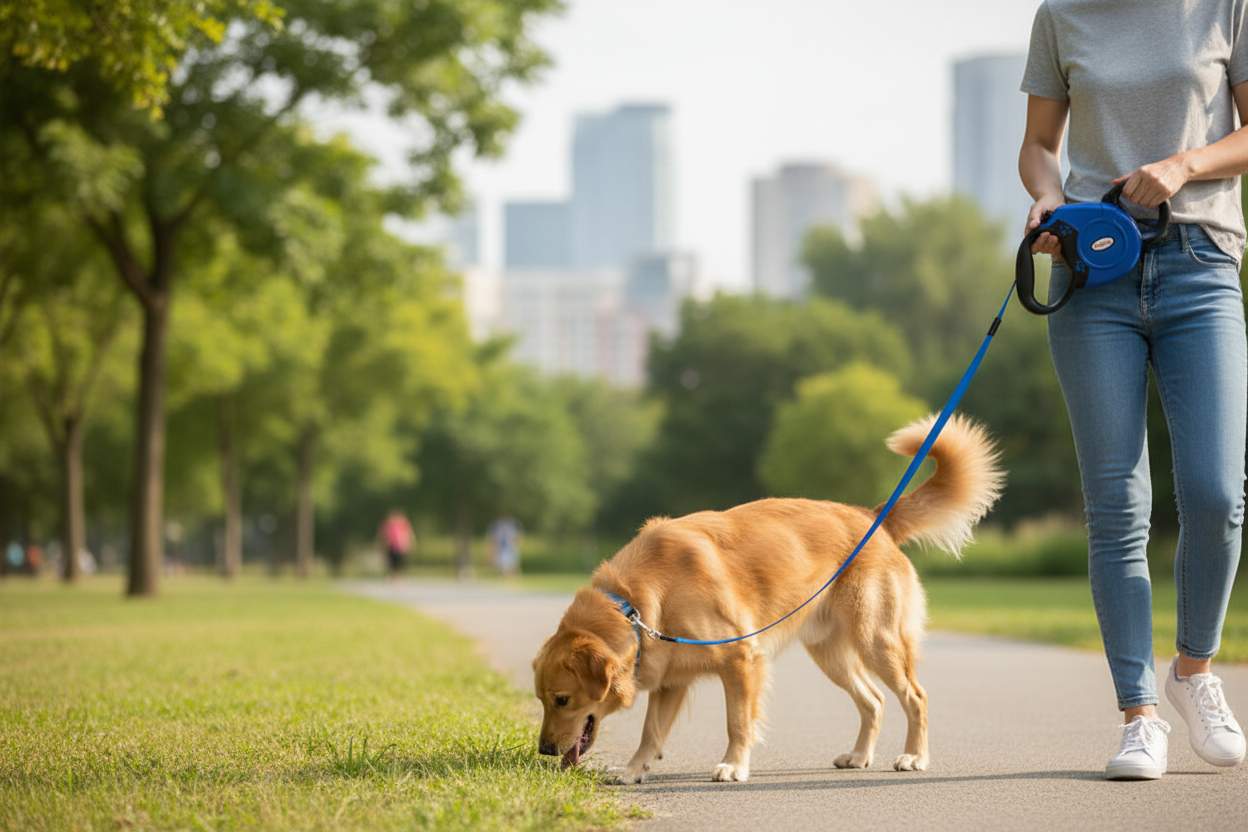 Correa retráctil azul en uso