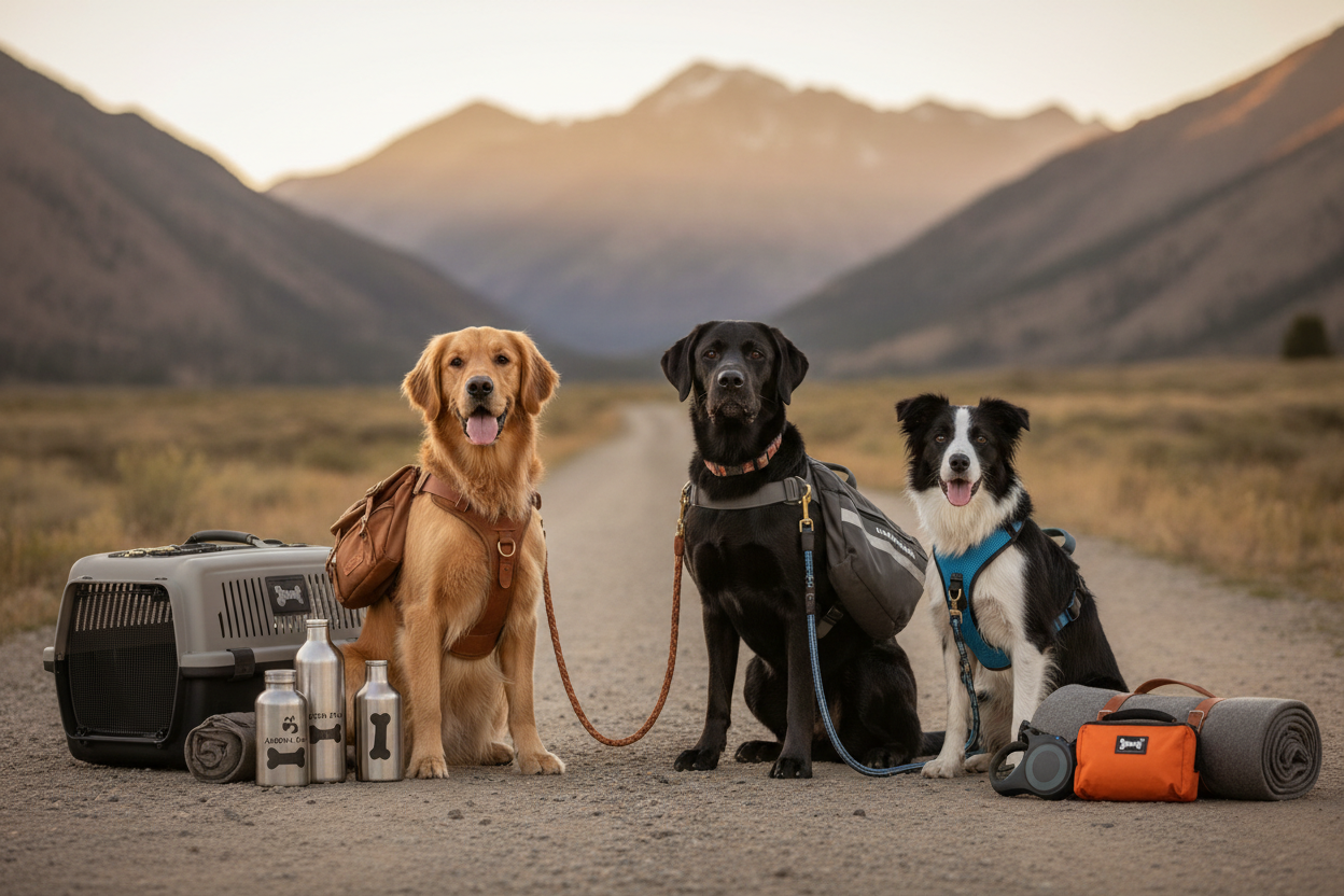 Hero banner de perros con accesorios de viaje